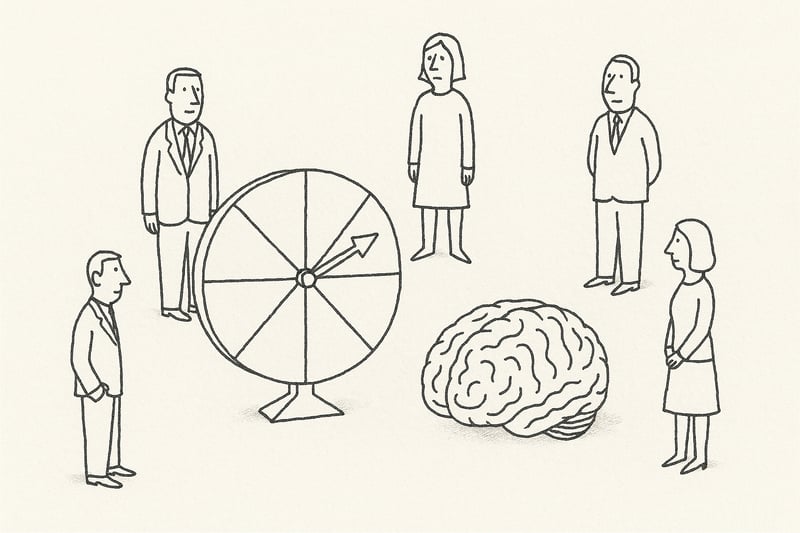 Hand‑drawn spinner wheel beside a calm brain, with a small team standing evenly around it, conveying fairness, trust and low‑pressure collaboration.
